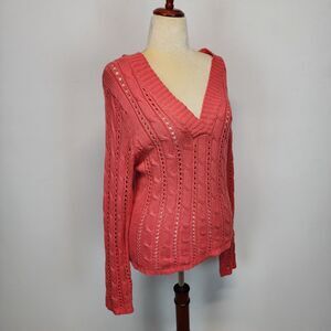 Vintage Y2K Faded Glory Hooded Cable Knit Sweater Size XL Pink V-neck Crochet